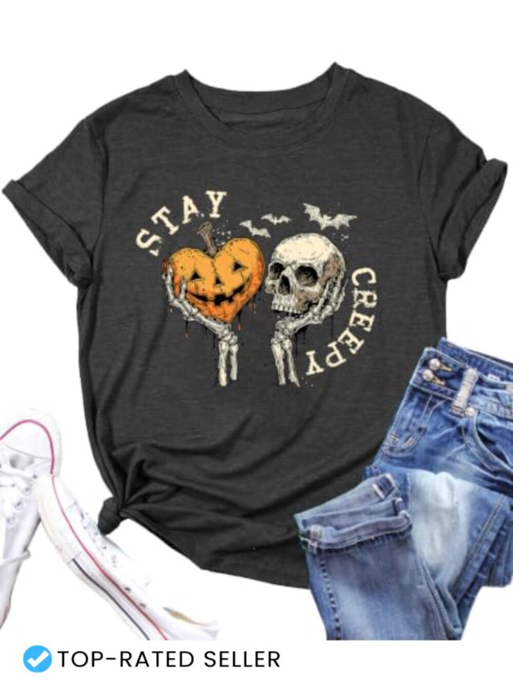 Halloween Stay Creepy Skull Graphic T-Shirt Women's Short Sleeve Tee